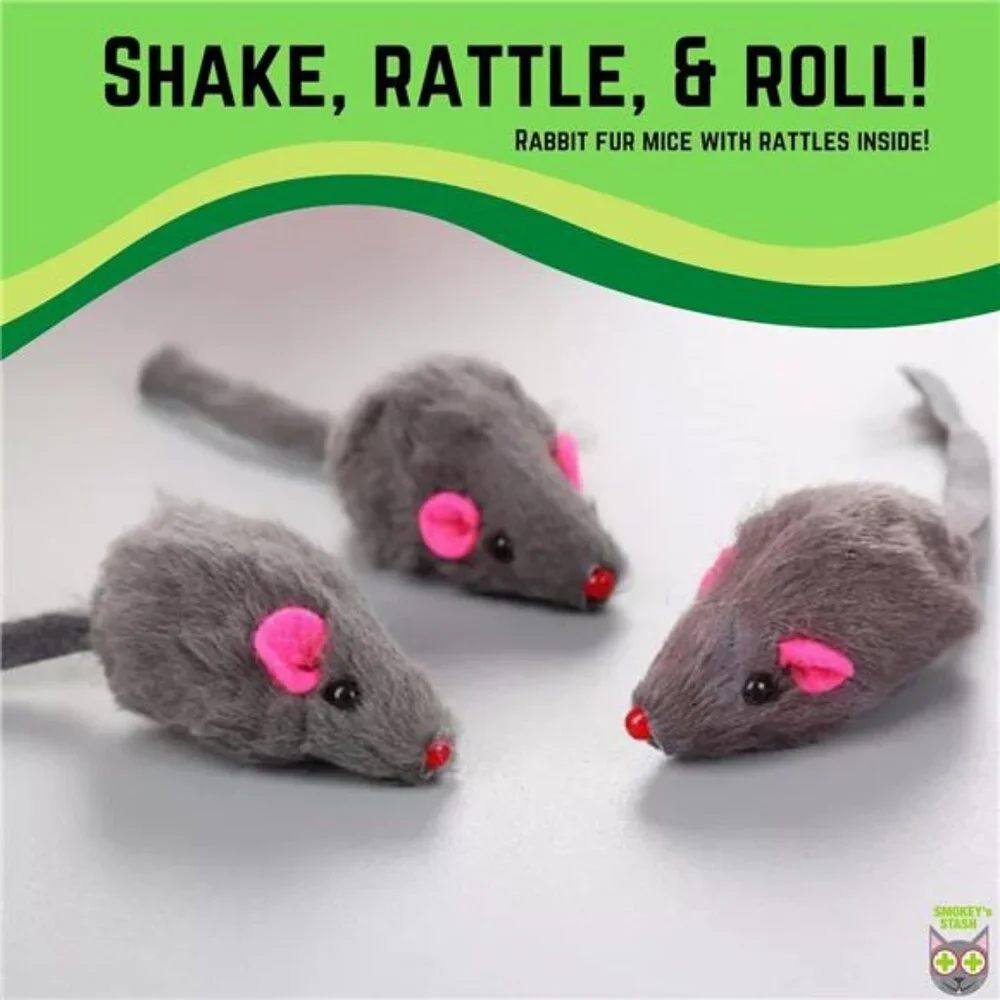 Smokey's Stash Rabbit Fur Mouse Cat Toy 12 per Pack White and Gray Fuzzy Toys